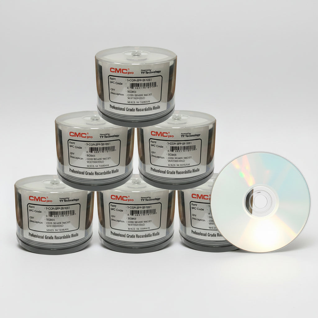 Stack of CMC branded CD spindles with a single CD on a white background