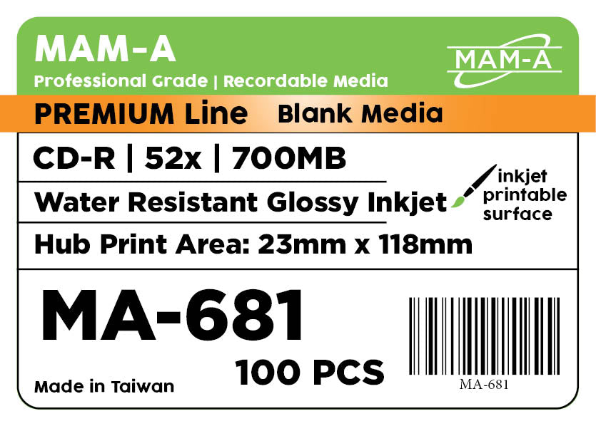 MAM-A Premium 52x Water Resistant Glossy Inkjet CD-R (MA-681)
