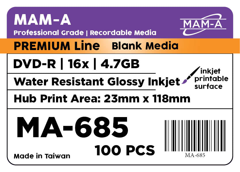 MAM-A Premium 16x Water Resistant Glossy Inkjet DVD-R (MA-685)