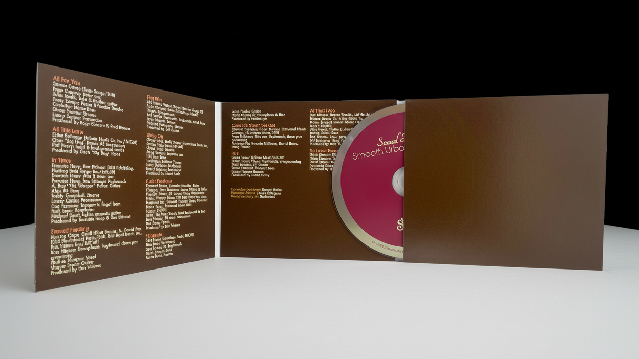 A CD with full-color custom print inside a 6-panel cardboard sleeve that is open to display the disc on the right and text on the left panels.
