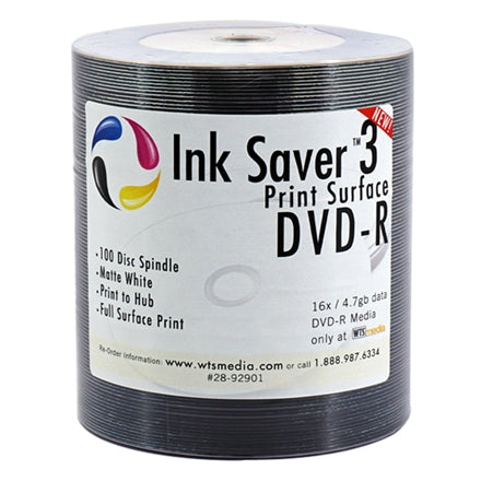 Ink Saver 3 DVD-Rs by WTSmedia 16x White Inkjet DVD-Rs